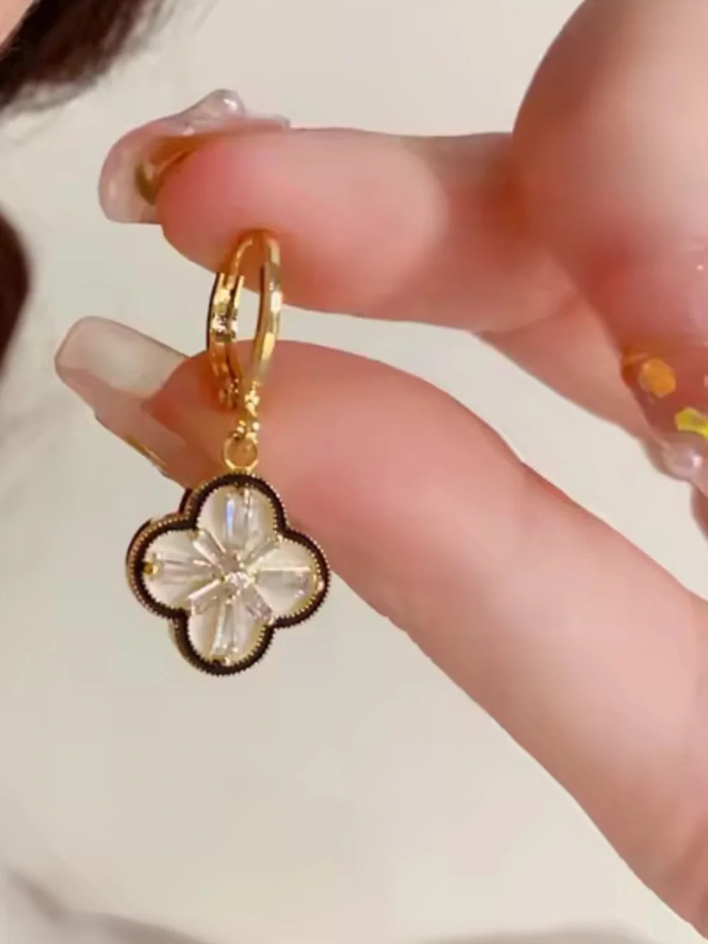 Anthropologie Gold and Clear Crystal Clover Drop Hoop Earrings